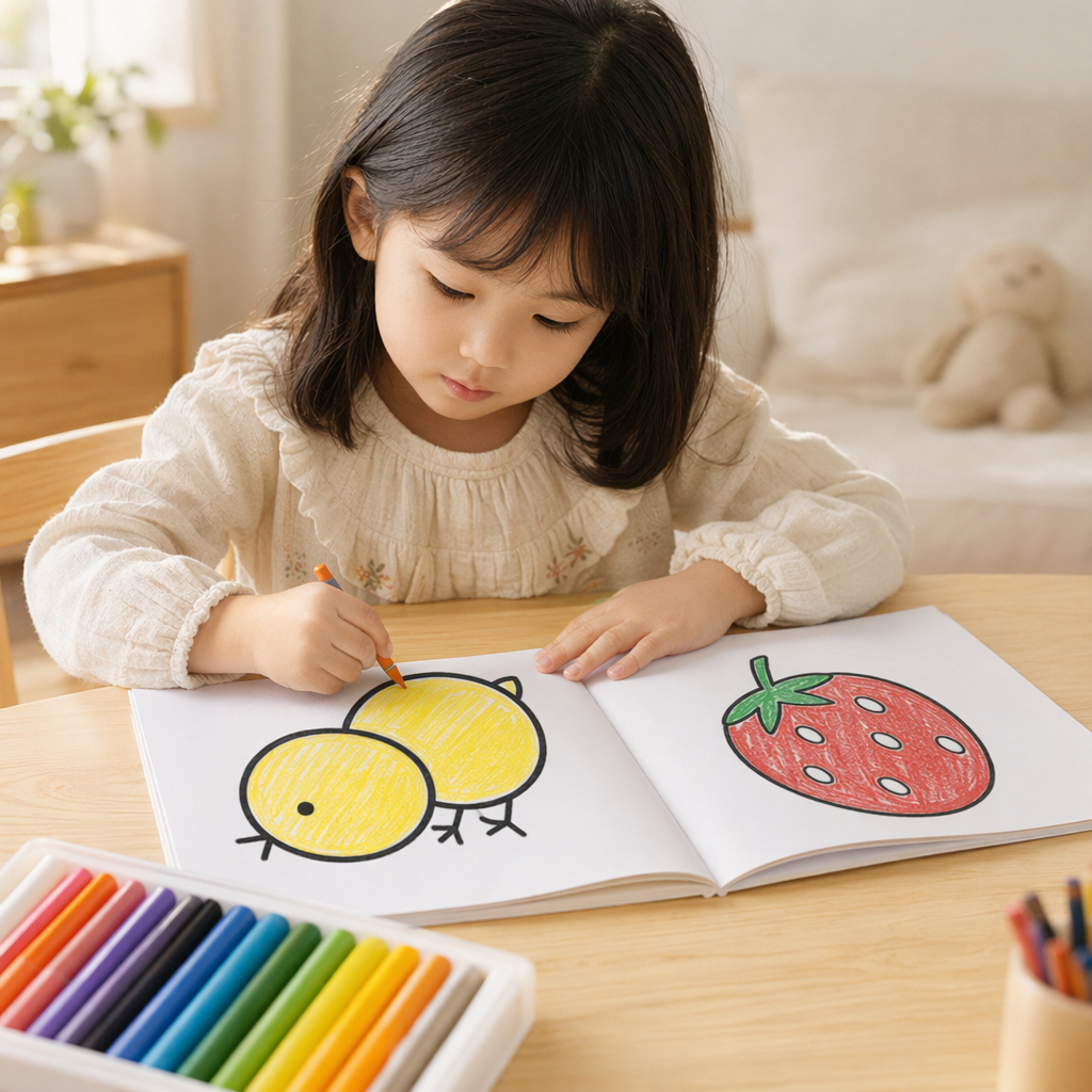 Colour children's coloring book cover white background Libro de Colorear Nivel 1 Yellow chick pattern details Picture
