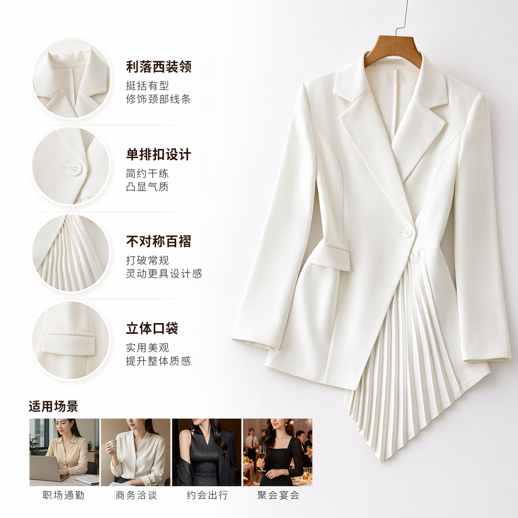 The white suit jacket is slimming and form-fitting, suitable for both men and women in business and casual wear