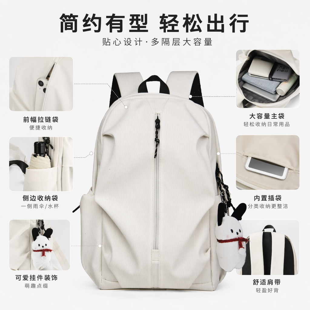 This white, simple and fashionable casual backpack is suitable for both men and women, lightweight and has a large capacity