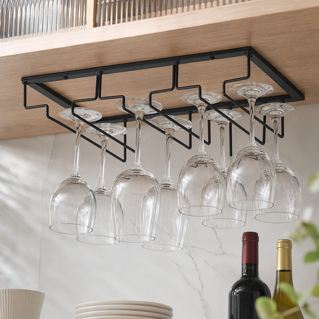 Black metal wine glass rack, a wall-mounted storage rack for home kitchens details Picture
