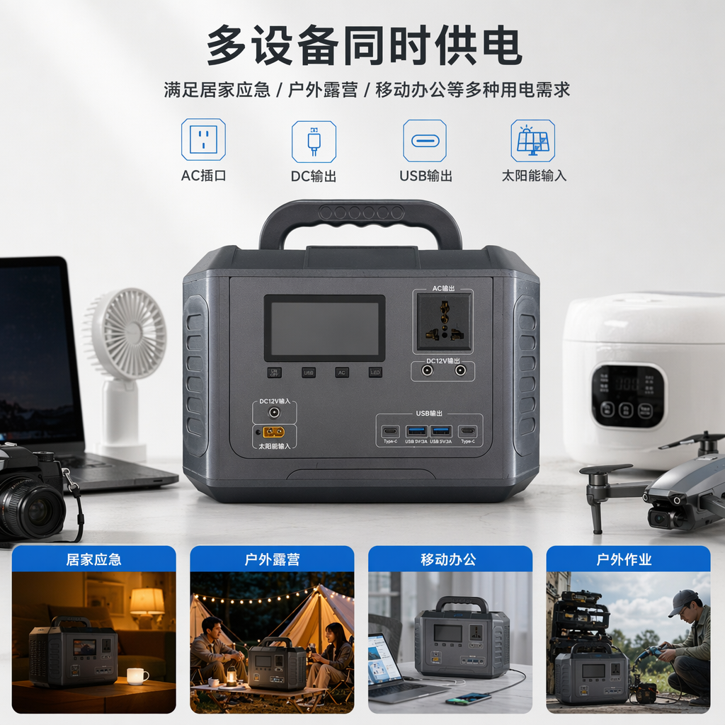灰色便携式电源站 大容量户外应急充电储能设备