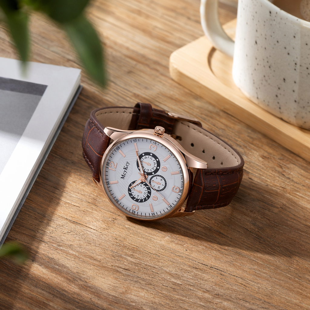 A brown leather strap, rose gold case and white dial watch details Picture
