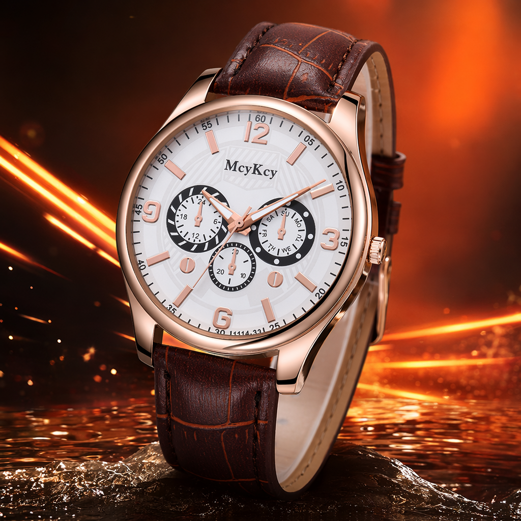A brown leather strap, rose gold case and white dial watch Specification image