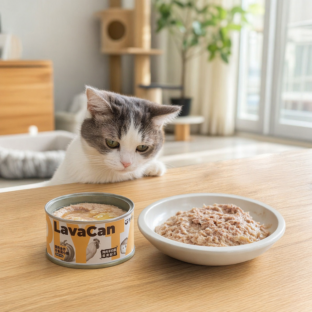 A full-price main food recipe for curly-tailed cats with a runny heart can of chicken, lamb cheese and egg yolk, 85g details Picture