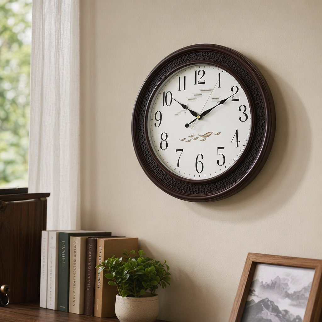 Dark brown carved frame wall clock for living room and bedroom decoration, silent wall-mounted clock details Picture