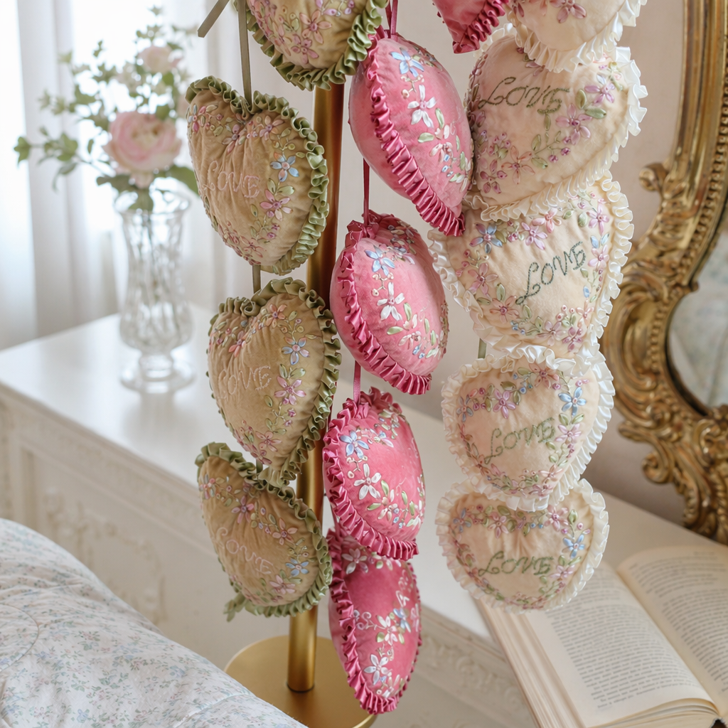Pink and beige pure handcrafted ribbon embroidered heart-shaped hanging decorations, home decoration, wall decorations, bedroom headboard soft furnishings, curtains, beloved cars details Picture