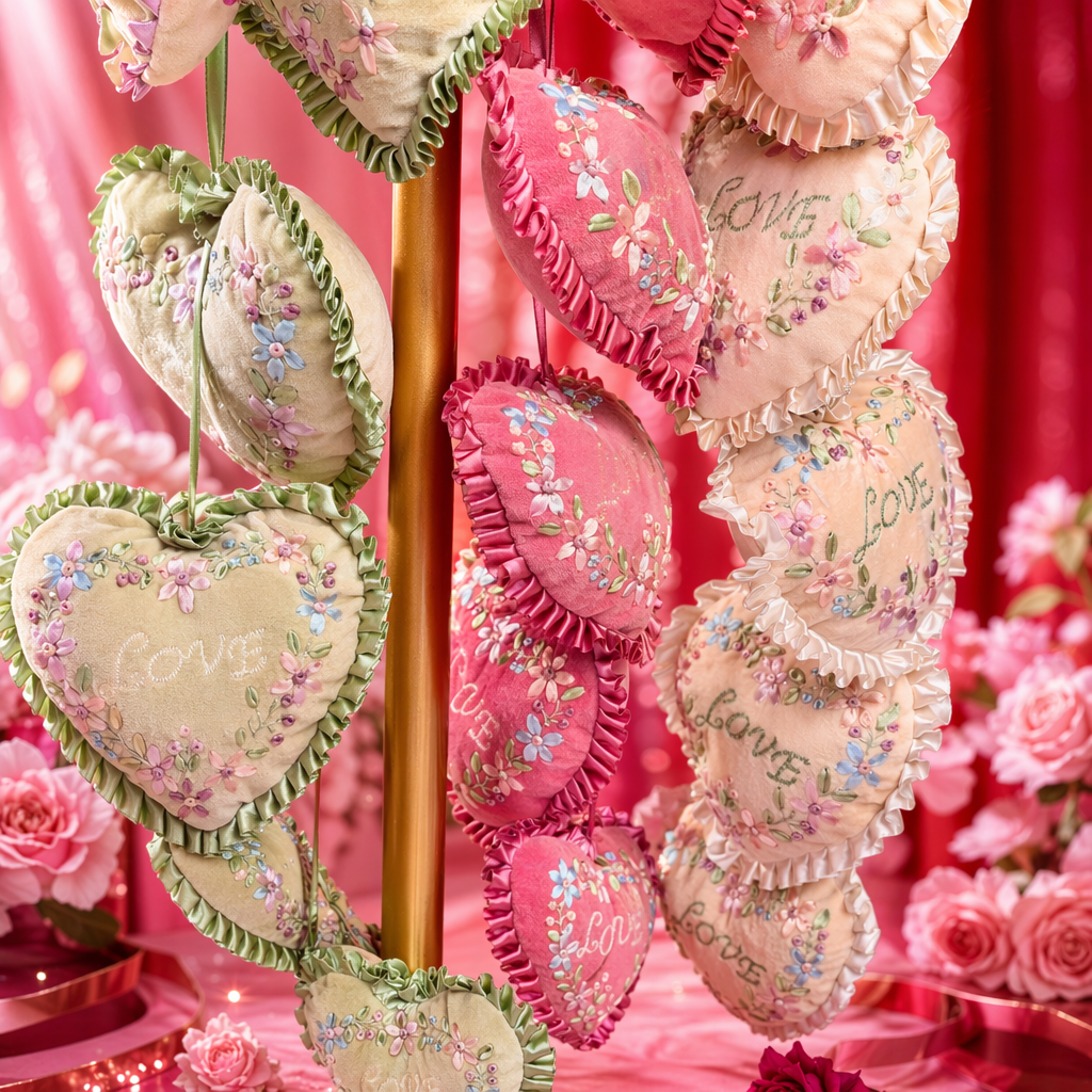 Pink and beige pure handcrafted ribbon embroidered heart-shaped hanging decorations, home decoration, wall decorations, bedroom headboard soft furnishings, curtains, beloved cars Specification image