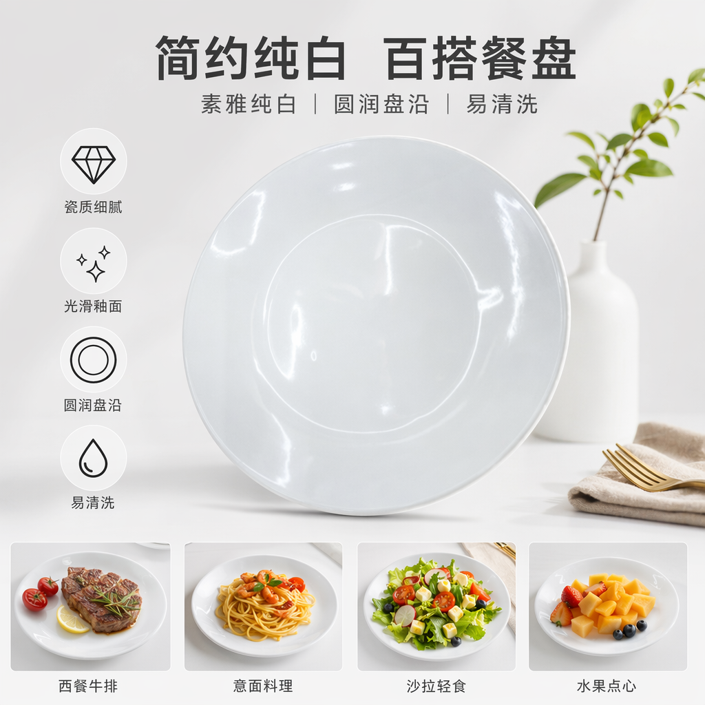 白色陶瓷盘子家用简约餐盘圆形盛菜盘大号平盘