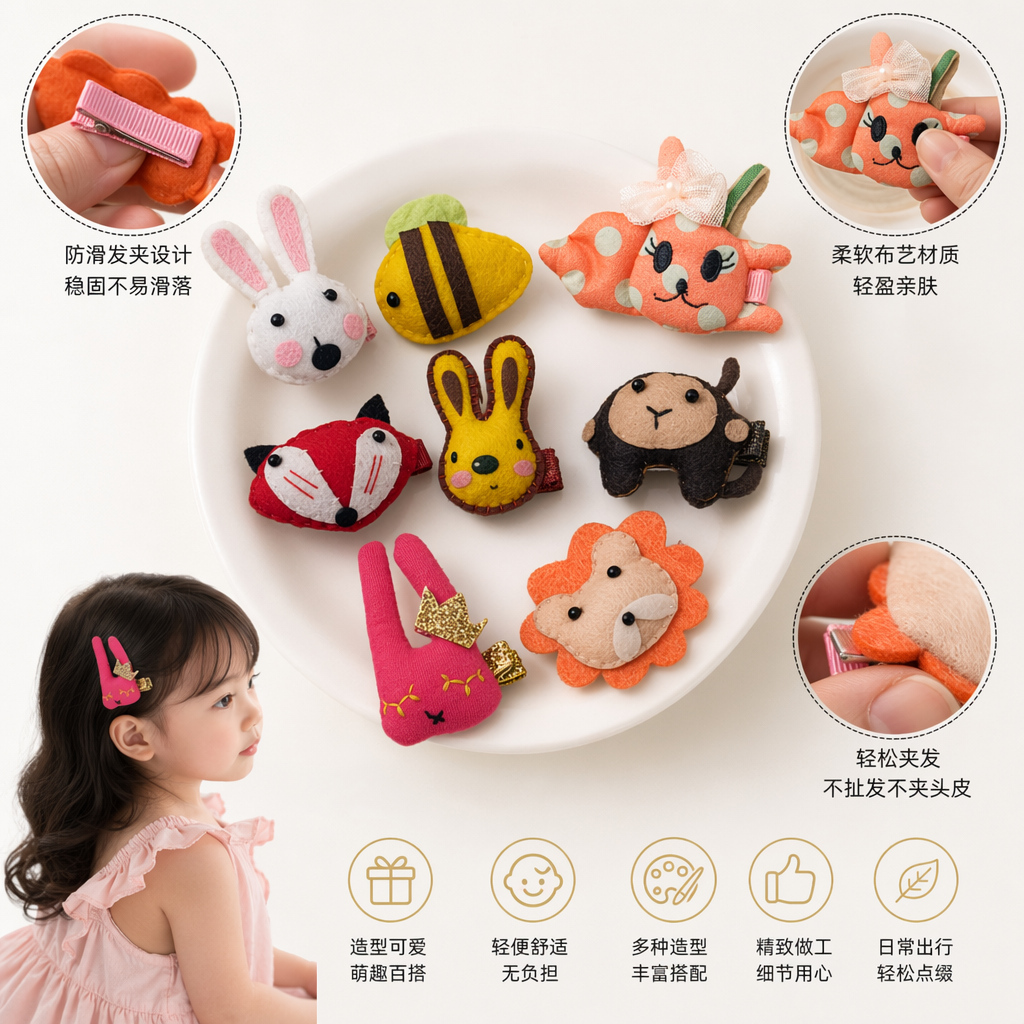 Colorful felt animal-shaped hairpins and cute cartoon headwear for girls and children