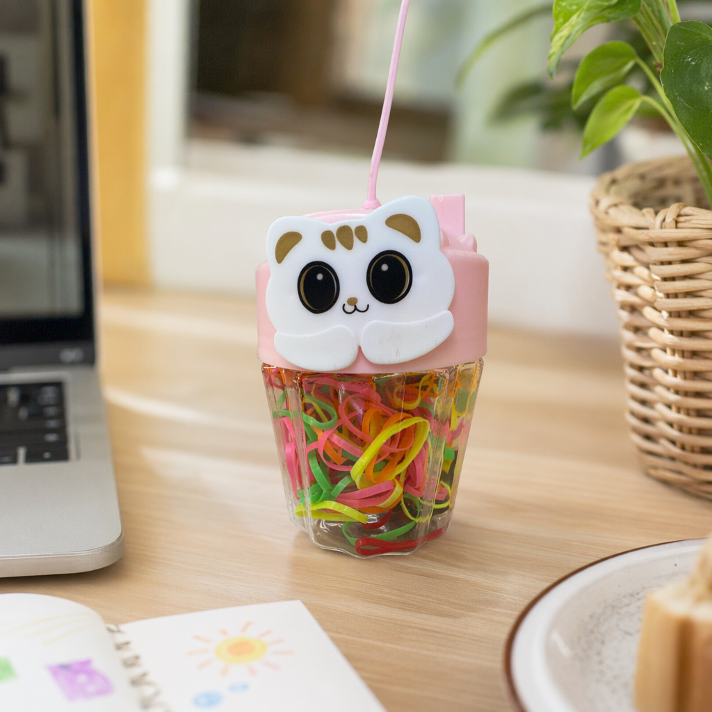 Pink cat head-shaped colored rubber band storage bottle details Picture