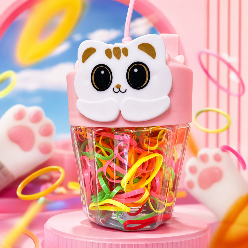 Pink cat head-shaped colored rubber band storage bottle Specification image