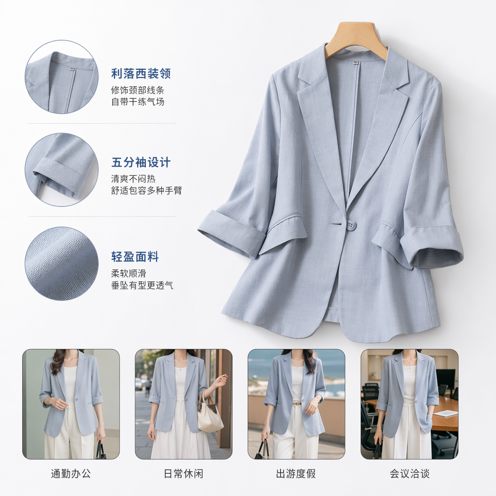 Light blue men's fitted suit jacket, single business formal wear for spring and autumn