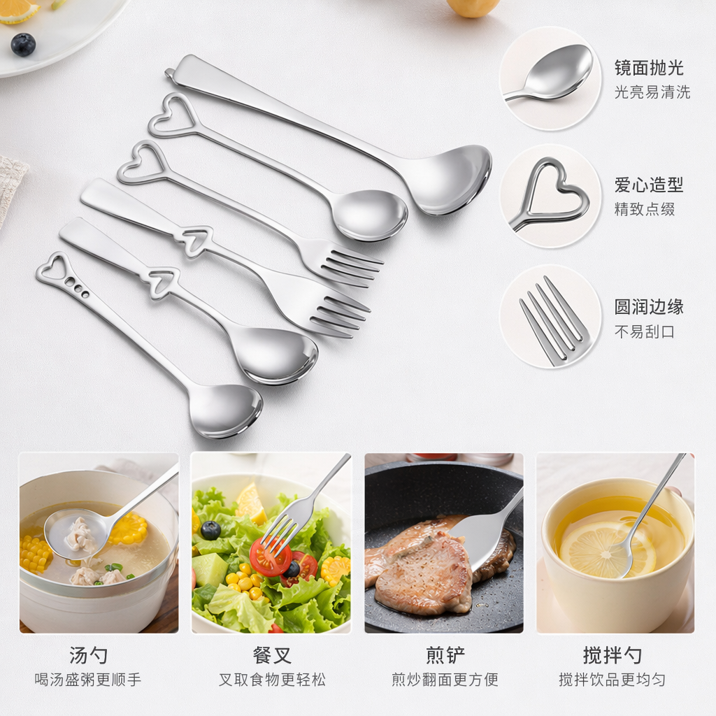 Silver heart-shaped decorative tableware set of 6 pieces, table setting, home decoration full image