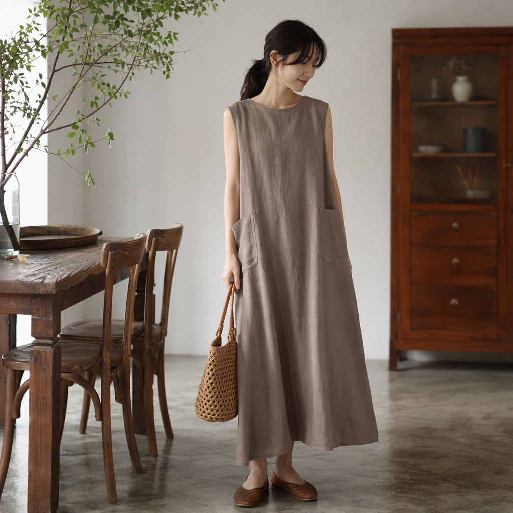 A brown sleeveless dress for women, a simple and elegant solid-color long dress that is slimming and form-fitting in summer details Picture