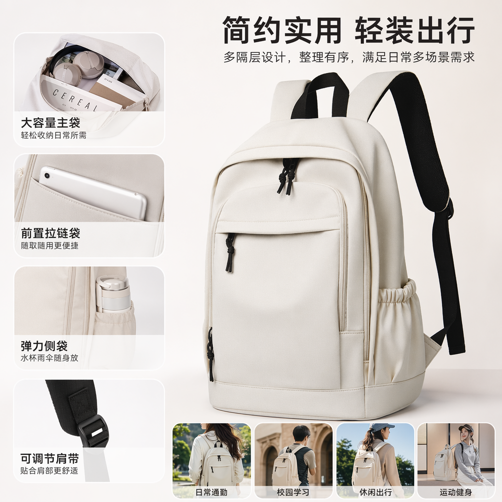 White backpack, nylon waterproof, lightweight, wear-resistant and large-capacity daily backpack for commuting to school