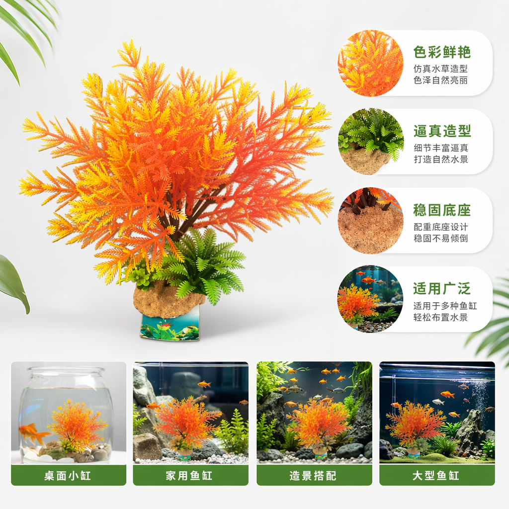 Orange-yellow artificial aquatic plant decorative items for home fish tank landscaping