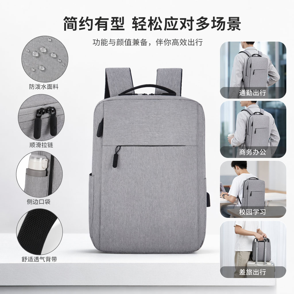 A simple and fashionable grey backpack with a large capacity for both men and women, suitable for commuting and travel