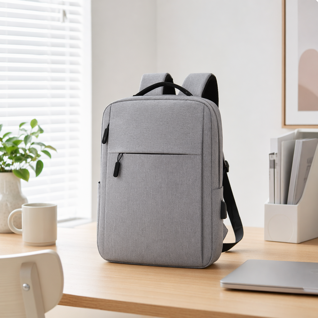 A simple and fashionable grey backpack with a large capacity for both men and women, suitable for commuting and travel details Picture