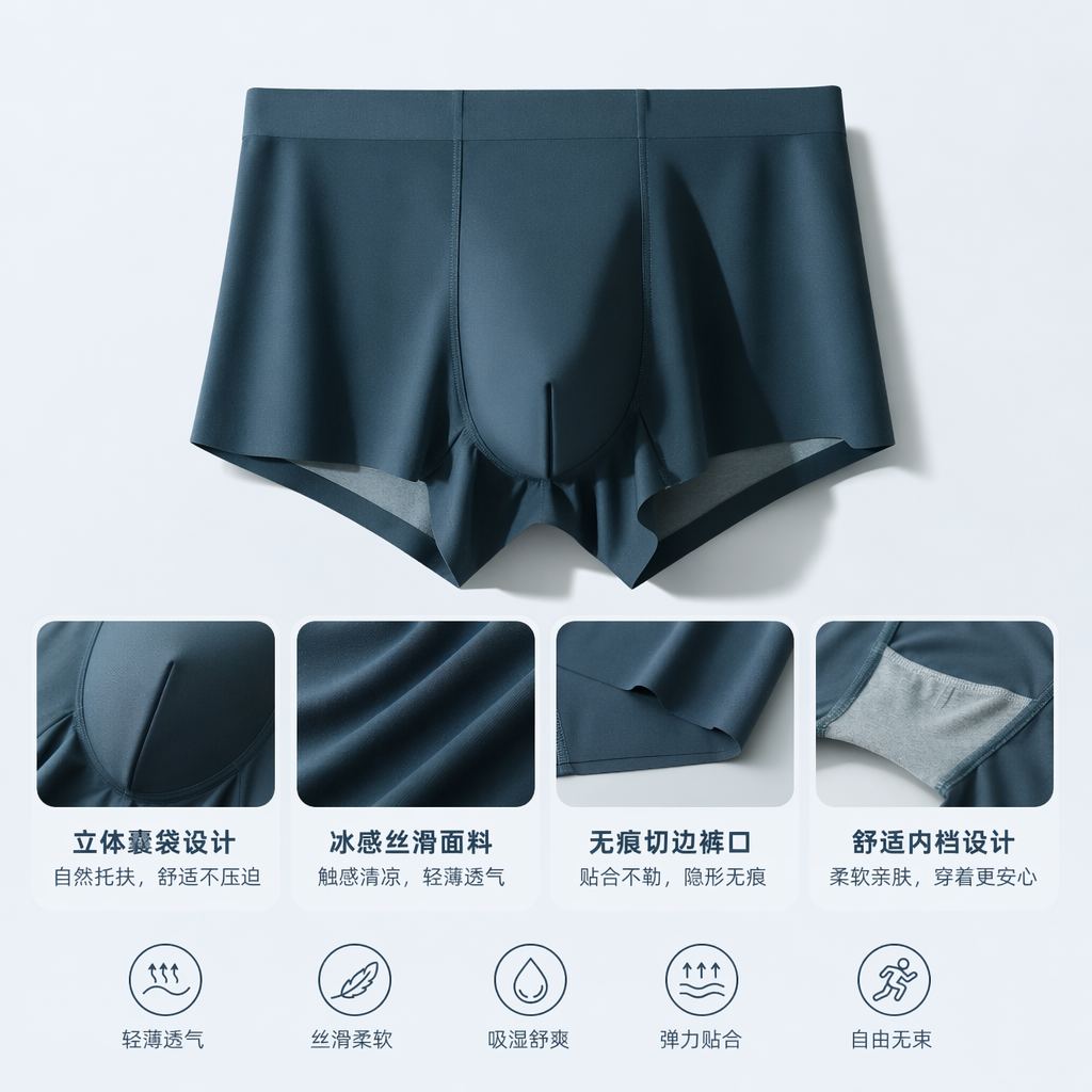 Dark blue pure cotton men's underwear, comfortable and breathable, with flat corners at the four corners