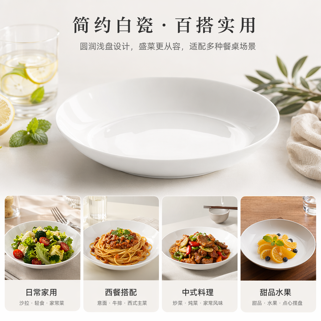 White porcelain plate, simple household dinner plate, ceramic tableware, round serving plate