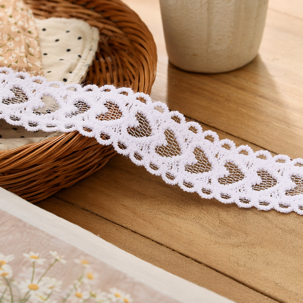 White lace trim and green heart-shaped hollowed-out pattern decorative fabric details Picture