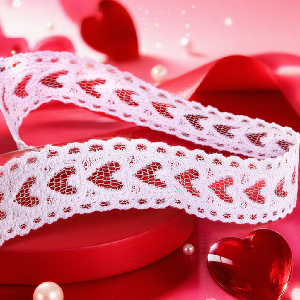 White lace trim and green heart-shaped hollowed-out pattern decorative fabric Specification image