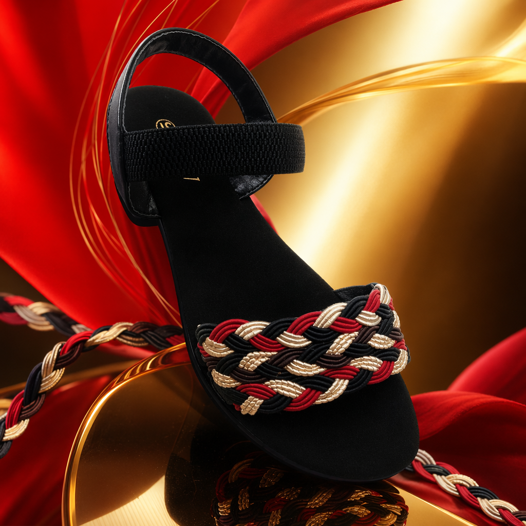 Black sandals decorated with red, black and gold woven straps are fashionable and versatile summer women's shoes Specification image