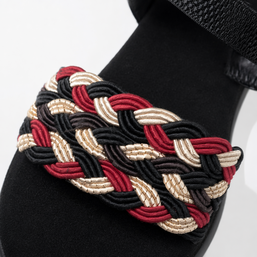 Black sandals decorated with red, black and gold woven straps are fashionable and versatile summer women's shoes Application Scenario