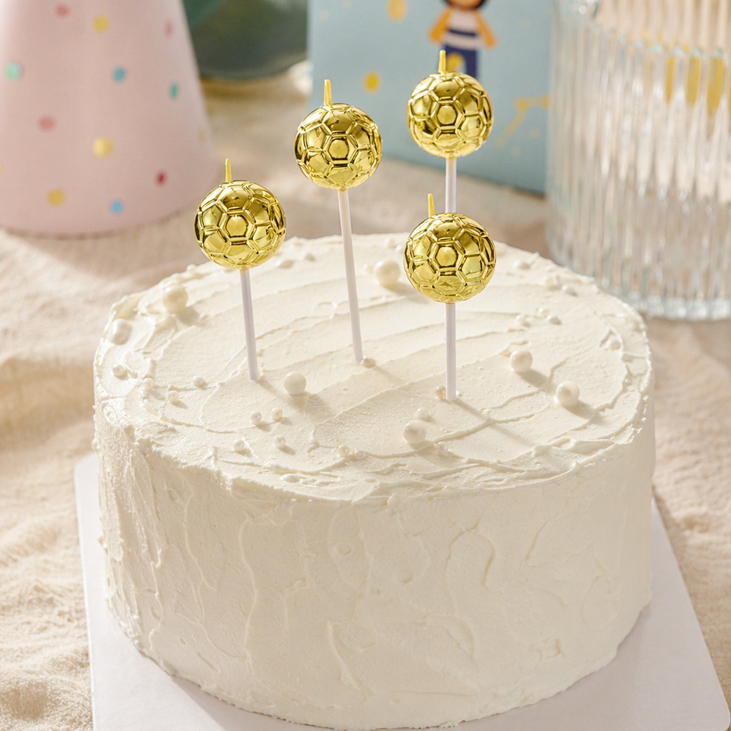 Silver and gold football-shaped birthday candle set for children's party decoration details Picture