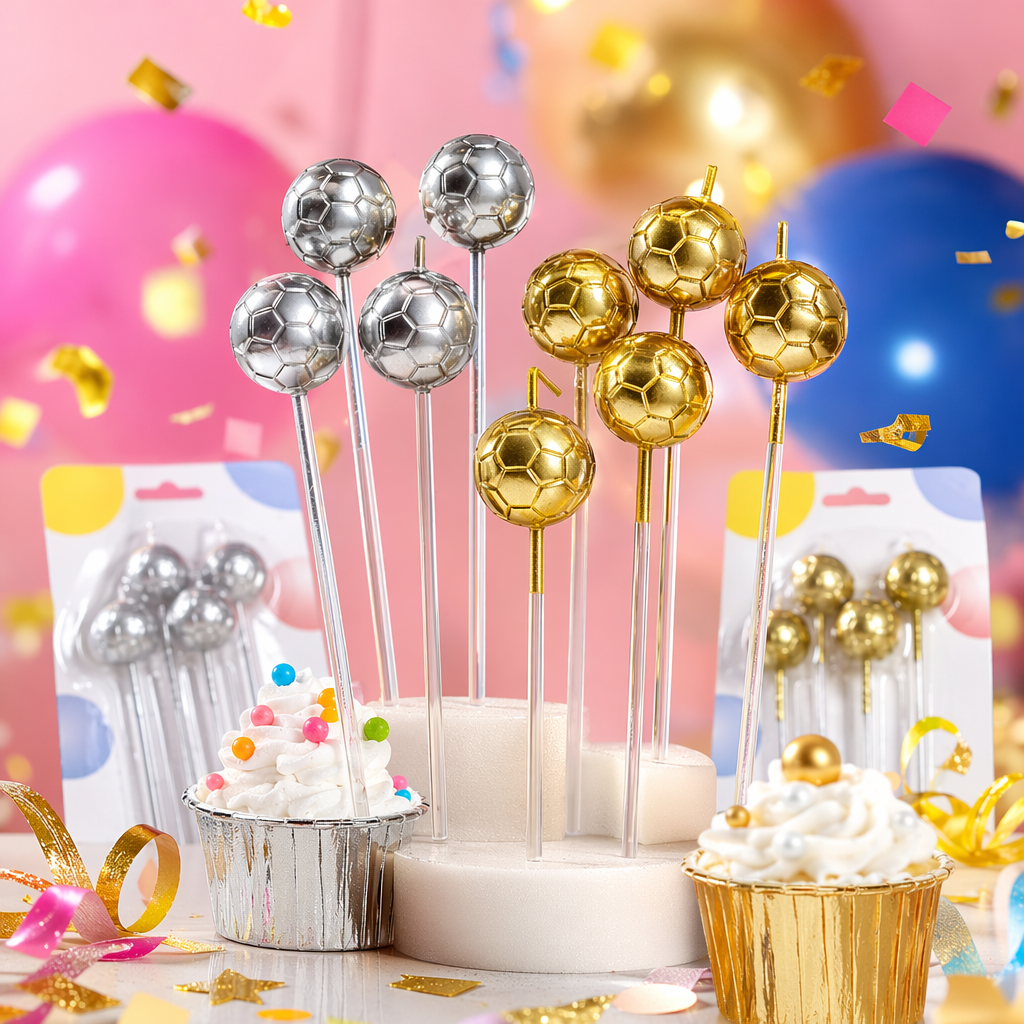 Silver and gold football-shaped birthday candle set for children's party decoration Specification image