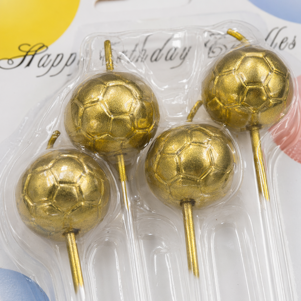 Silver and gold football-shaped birthday candle set for children's party decoration Application Scenario