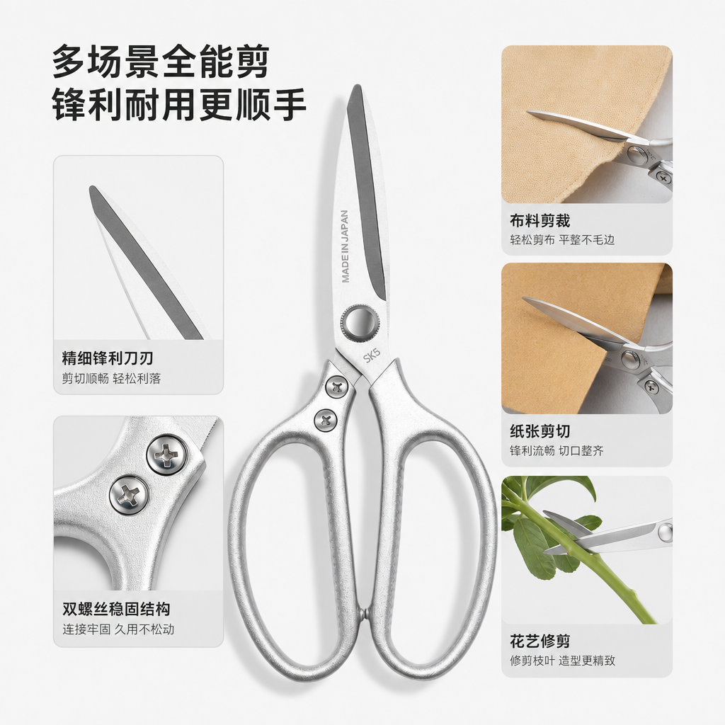 Silver stainless steel fabric cutting scissors, multi-functional household gardening scissors