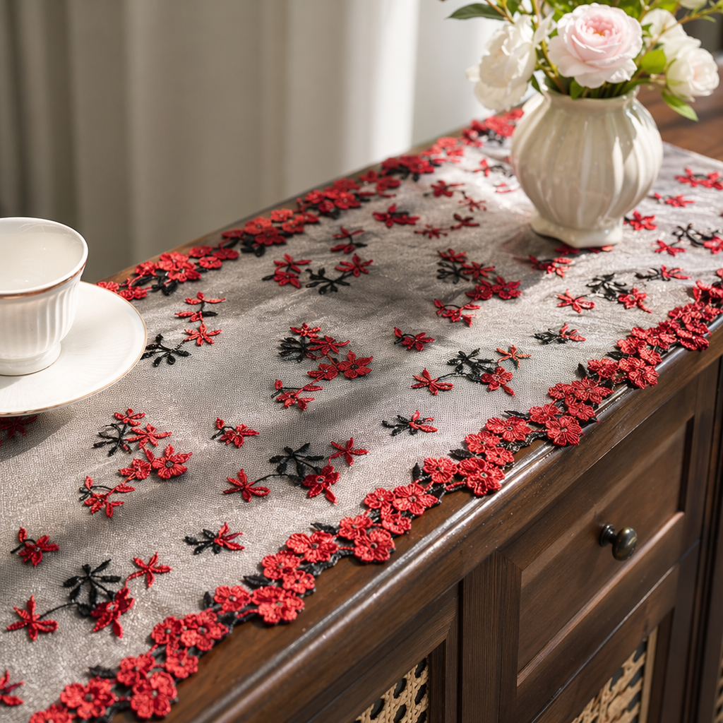 Red embroidered floral lace trim home decoration fabric DIY material details Picture