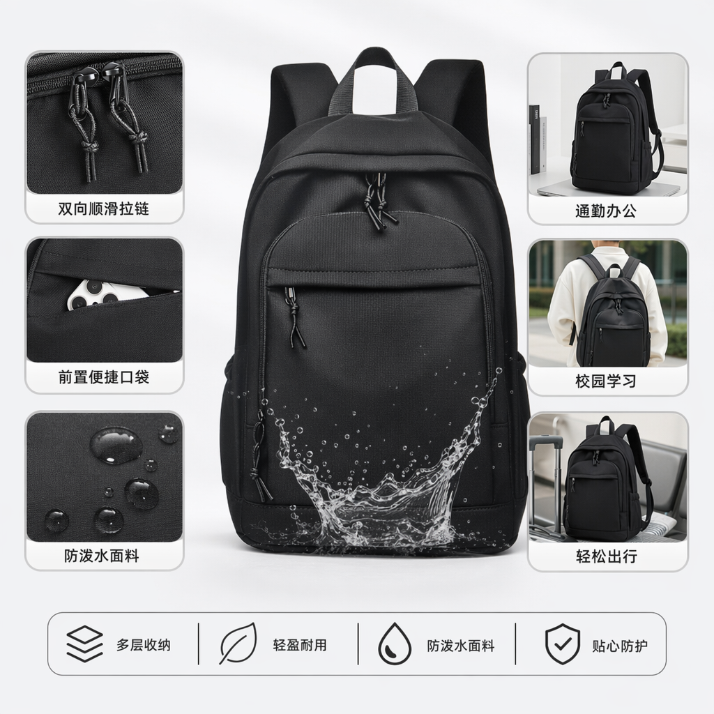 黑色双肩包尼龙防水通勤上学轻量耐磨商务休闲