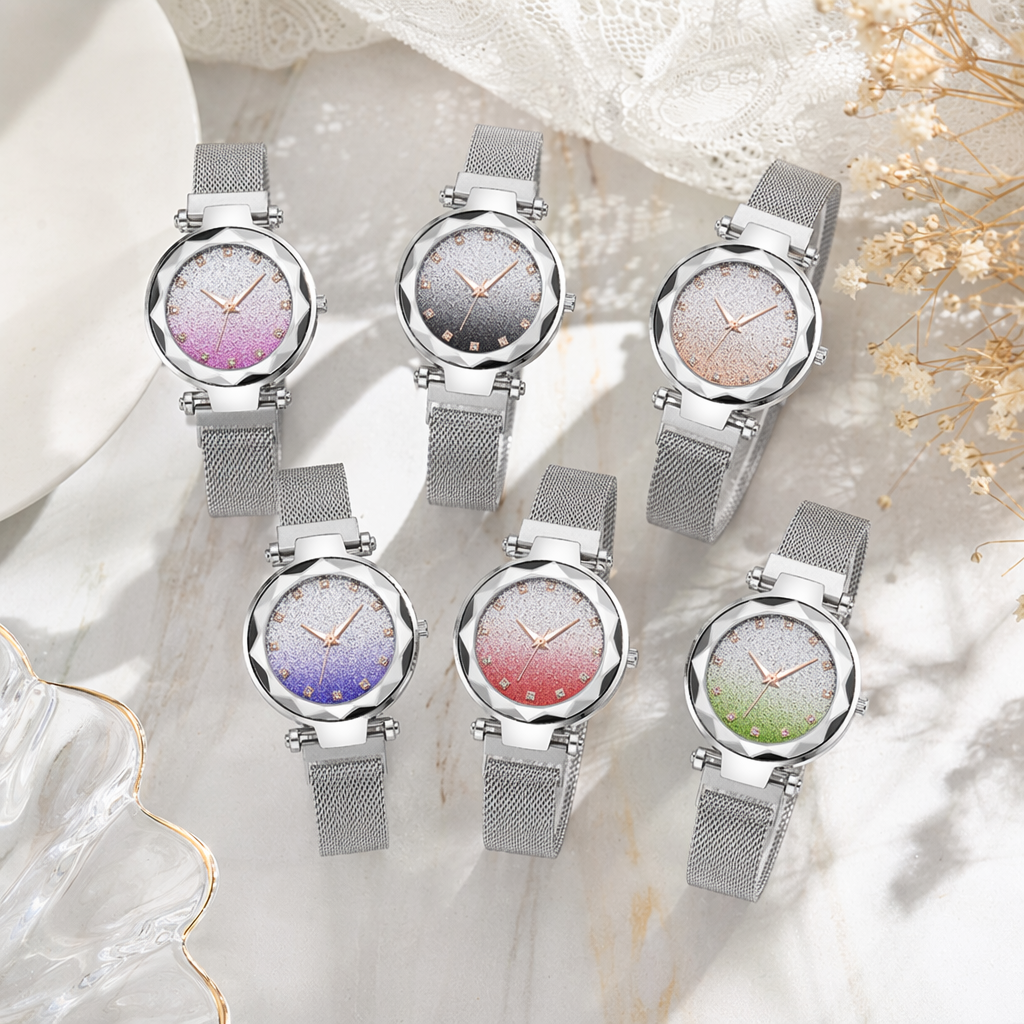 Six watches with silver metal straps and gradient color dials details Picture