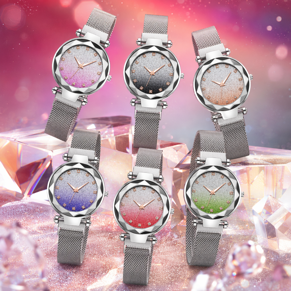 Six watches with silver metal straps and gradient color dials Specification image