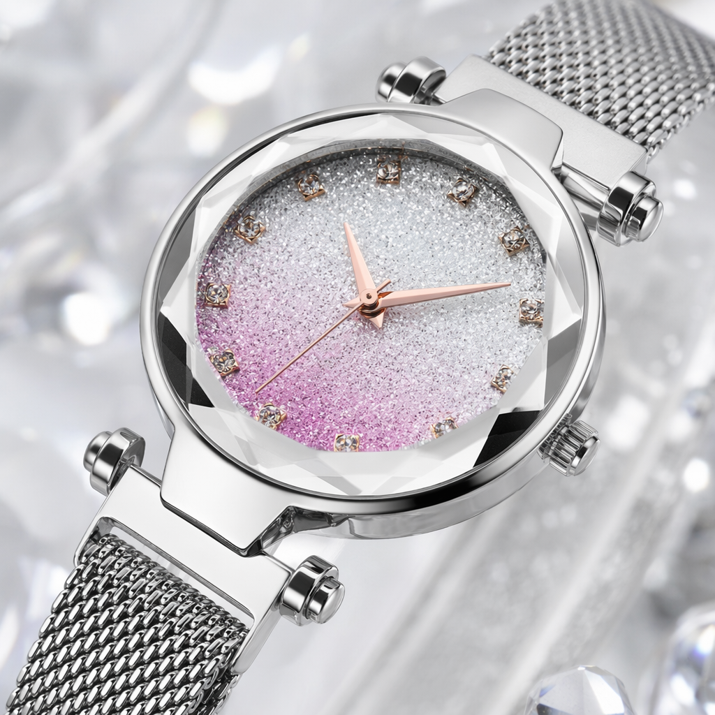 Six watches with silver metal straps and gradient color dials Application Scenario
