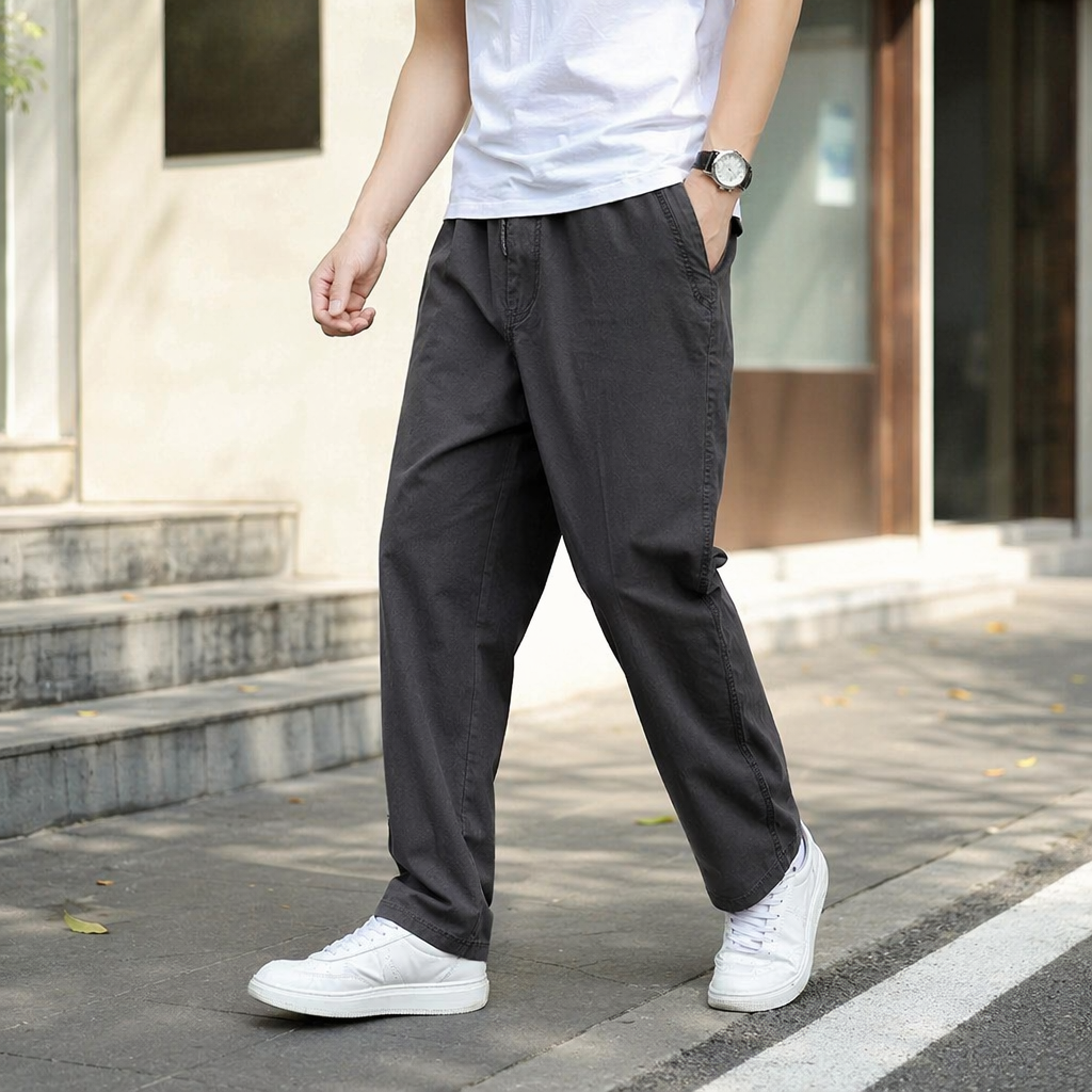 Black high-waisted straight-leg casual pants are versatile for both men and women, slimming and with a flowing effect. They are nine-inch pants details Picture