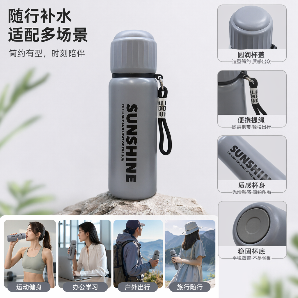 Grey simple insulated water cup 350ml, stainless steel vacuum insulated, portable for outdoor sports full image