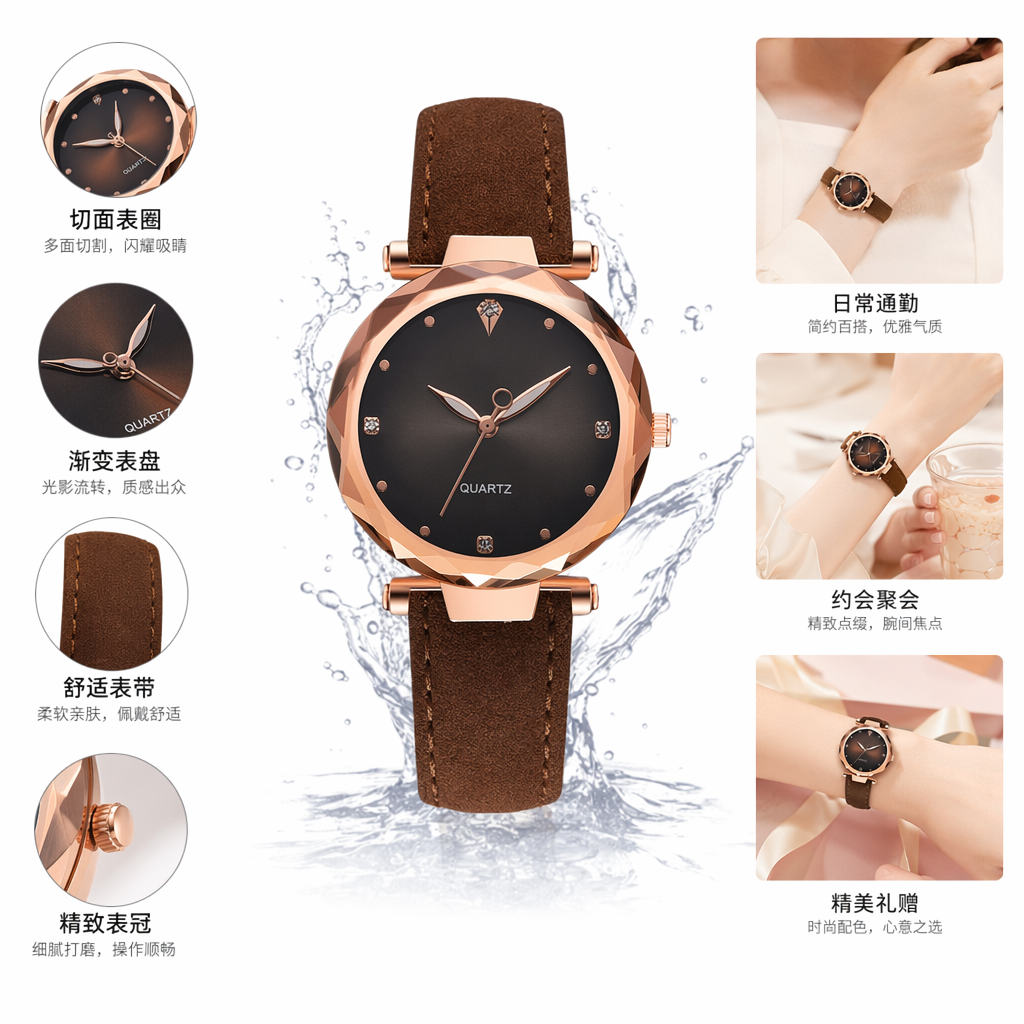 A fashionable and simple quartz watch with a colorful dial
