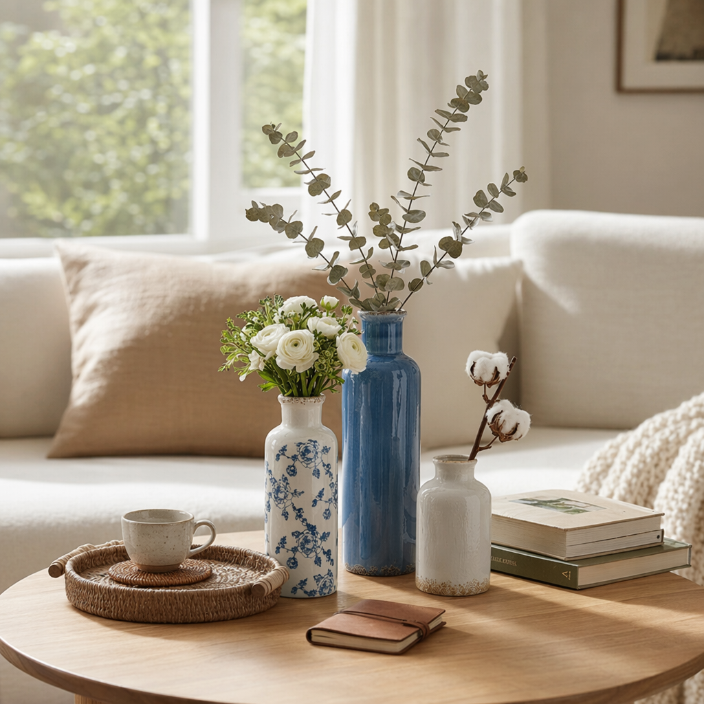 Blue and white vases, small porcelain jars, dried flowers, branches, books, coffee cups, home decoration sets details Picture