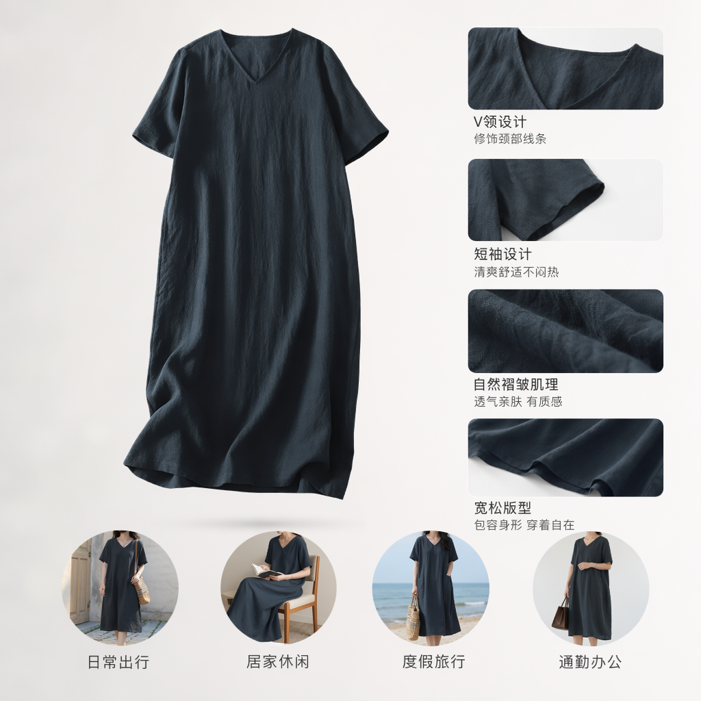 深灰色V领短袖连衣裙 女夏季修身显瘦纯棉简约气质