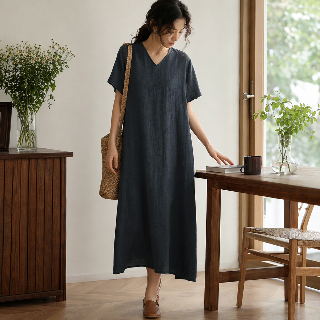 Dark grey V-neck short-sleeved dress for women in summer, slimming and shaping, pure cotton, simple and elegant details Picture