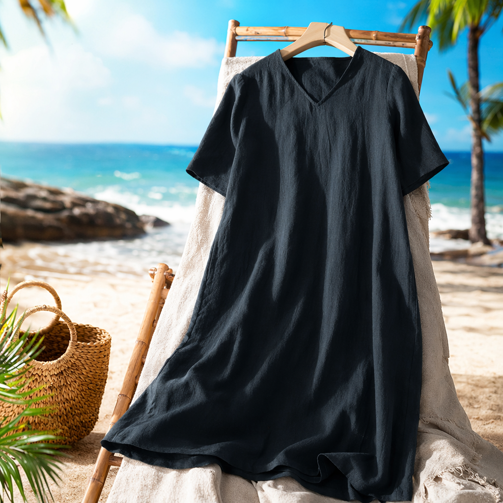 Dark grey V-neck short-sleeved dress for women in summer, slimming and shaping, pure cotton, simple and elegant Specification image