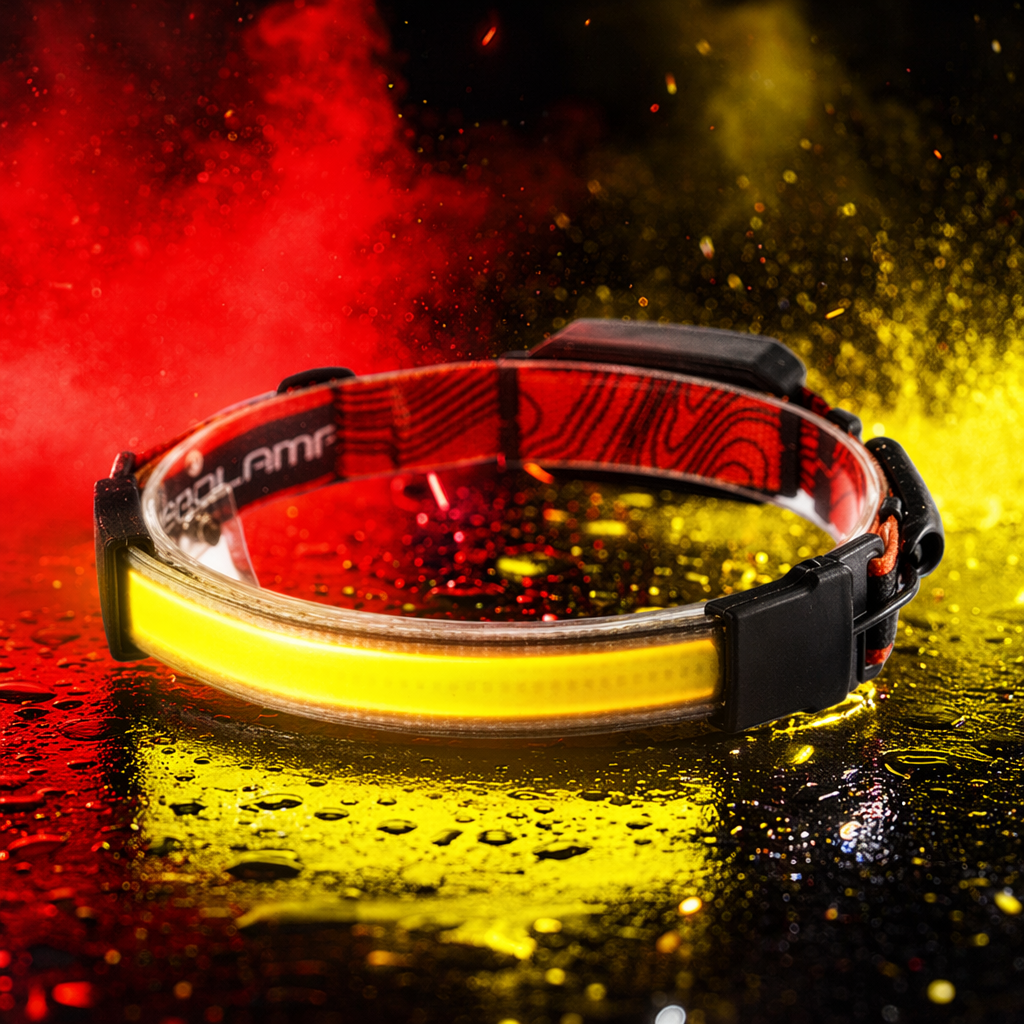 Red patterned headband with yellow reflective strips for sports night running safety headwear Specification image