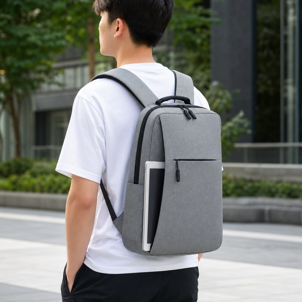 A simple and fashionable grey backpack, a lightweight and large-capacity student commuting travel bag details Picture