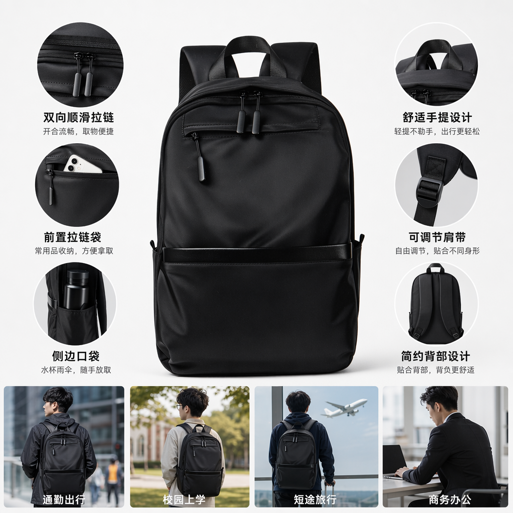 Black nylon waterproof and wear-resistant backpack for commuting, school and travel