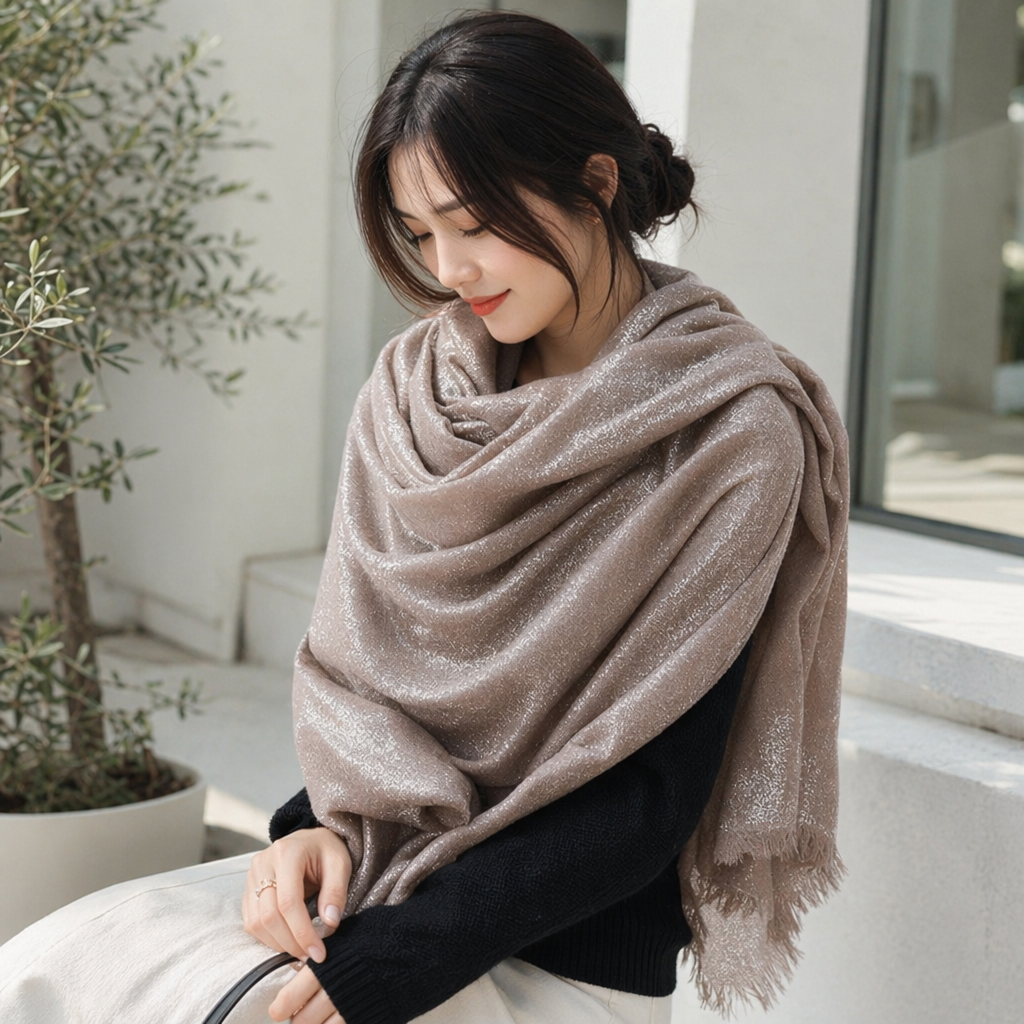 Champagne-colored shiny silk scarf is a versatile and fashionable shawl for women to keep warm in autumn and winter details Picture