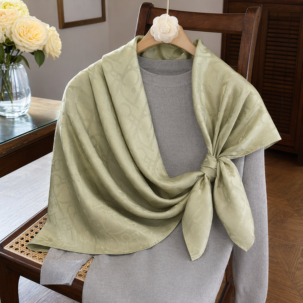 A light green printed silk scarf paired with a grey knitted sweater is a fashionable and versatile accessory for women details Picture