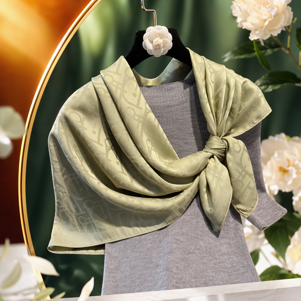 A light green printed silk scarf paired with a grey knitted sweater is a fashionable and versatile accessory for women Specification image